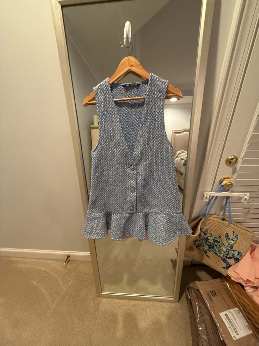 Zara Blue Tweed Ruffled Pinafore Mini Dress